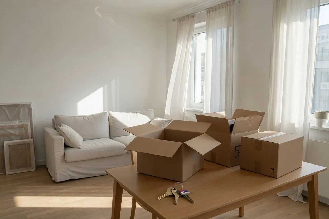 Bright living room with moving boxes and keys on the table