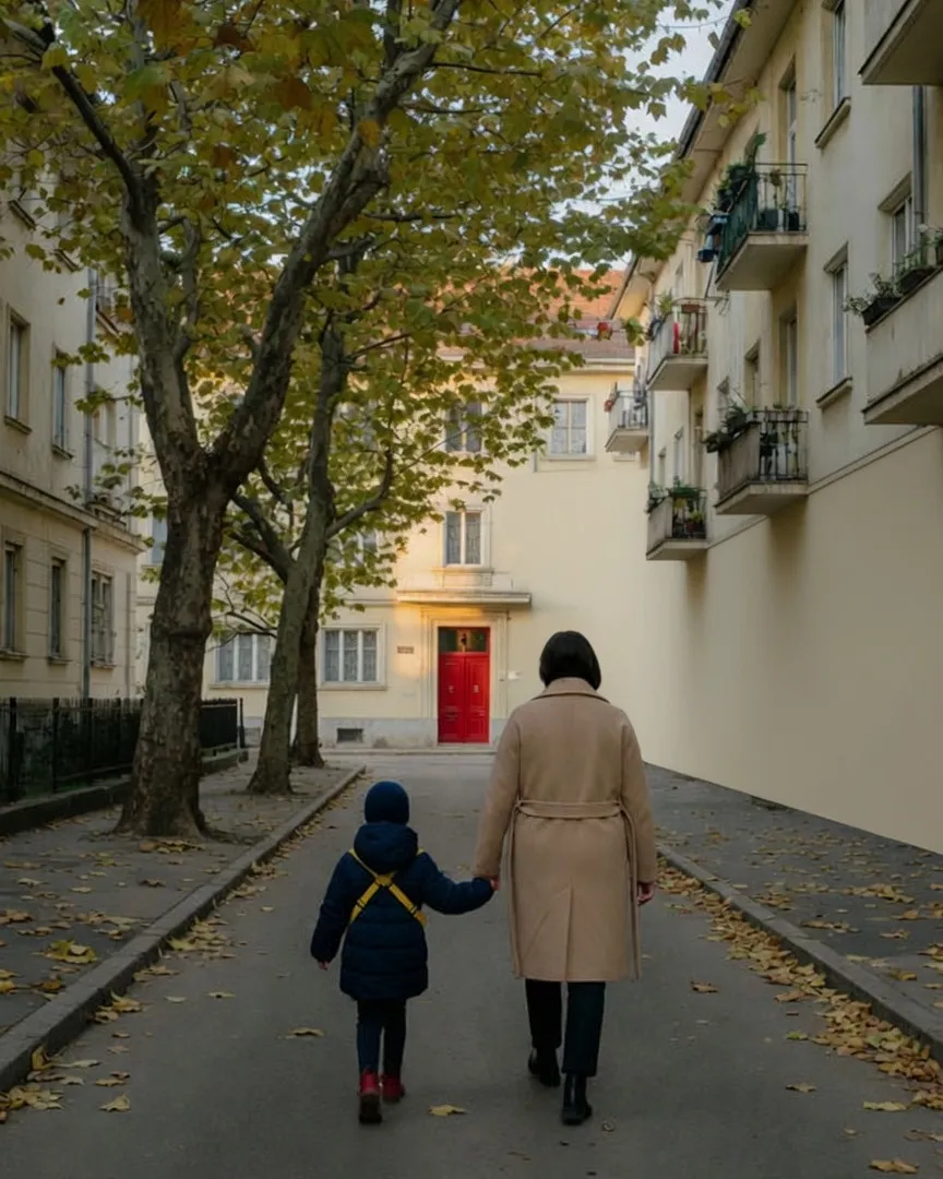 Parent and child walking hand in hand down a tree-lined street