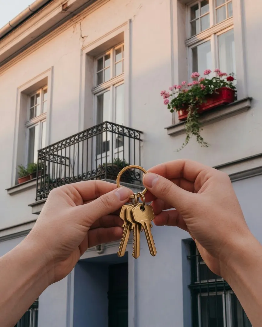 Hands holding a set of keys in front of a residential building