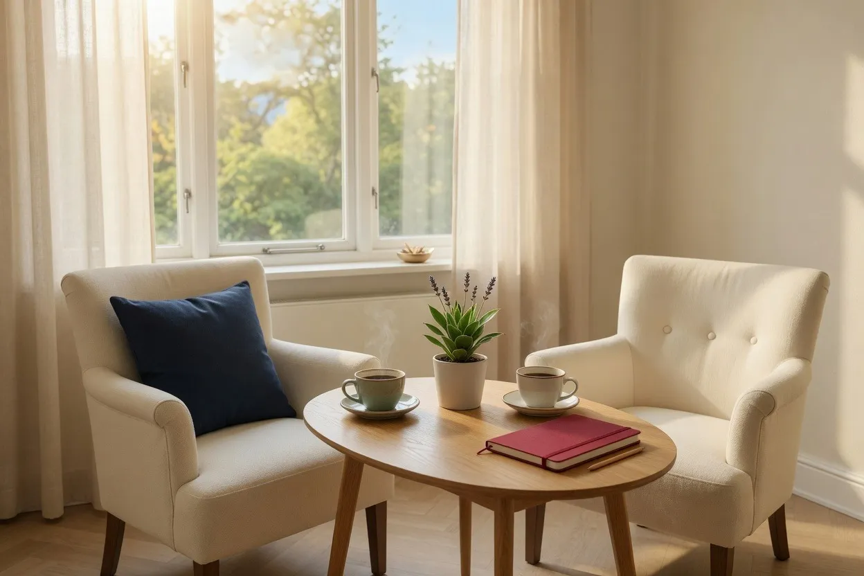 Two armchairs and a small table with tea by a bright window