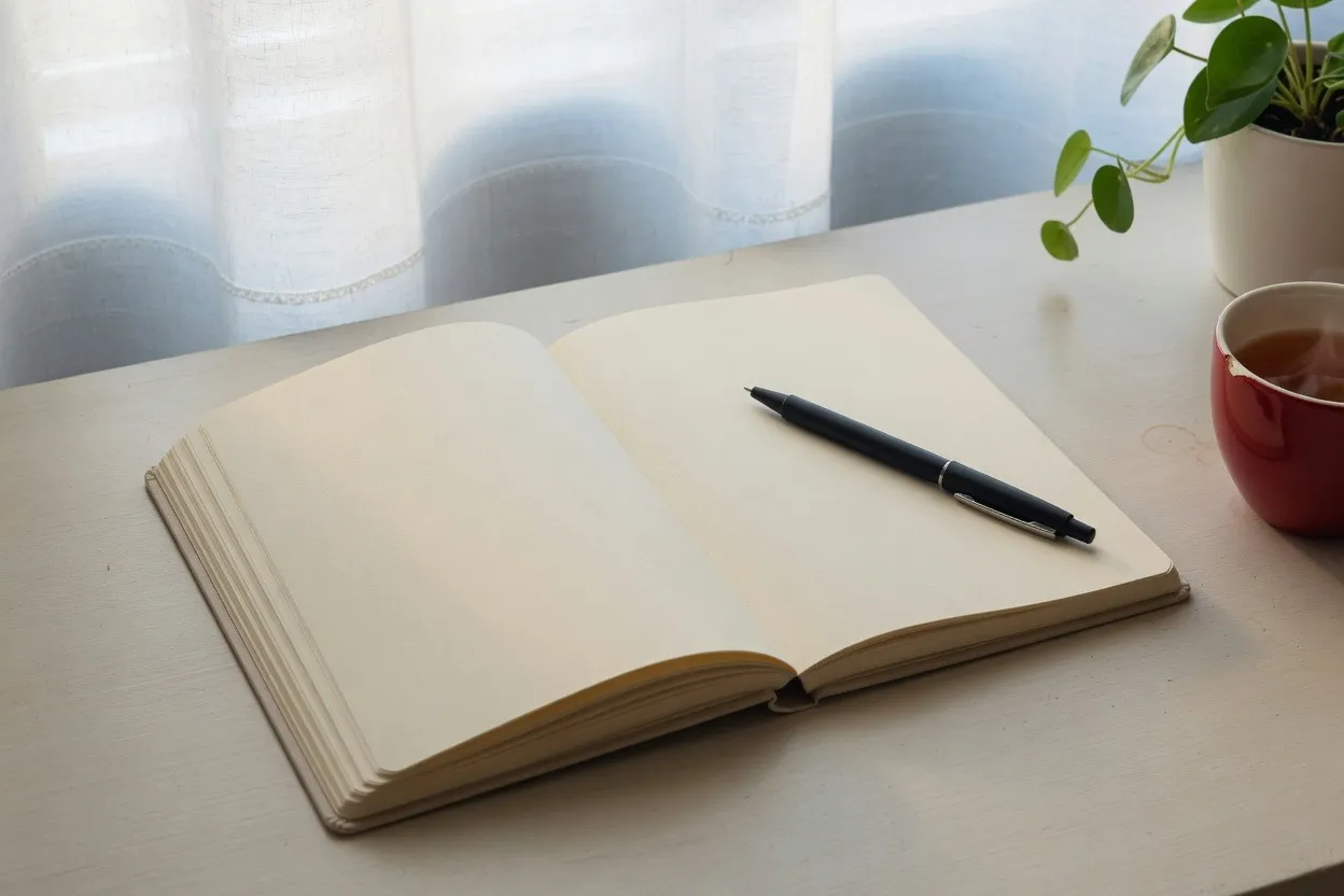 Open notebook and pen on a table by a bright window