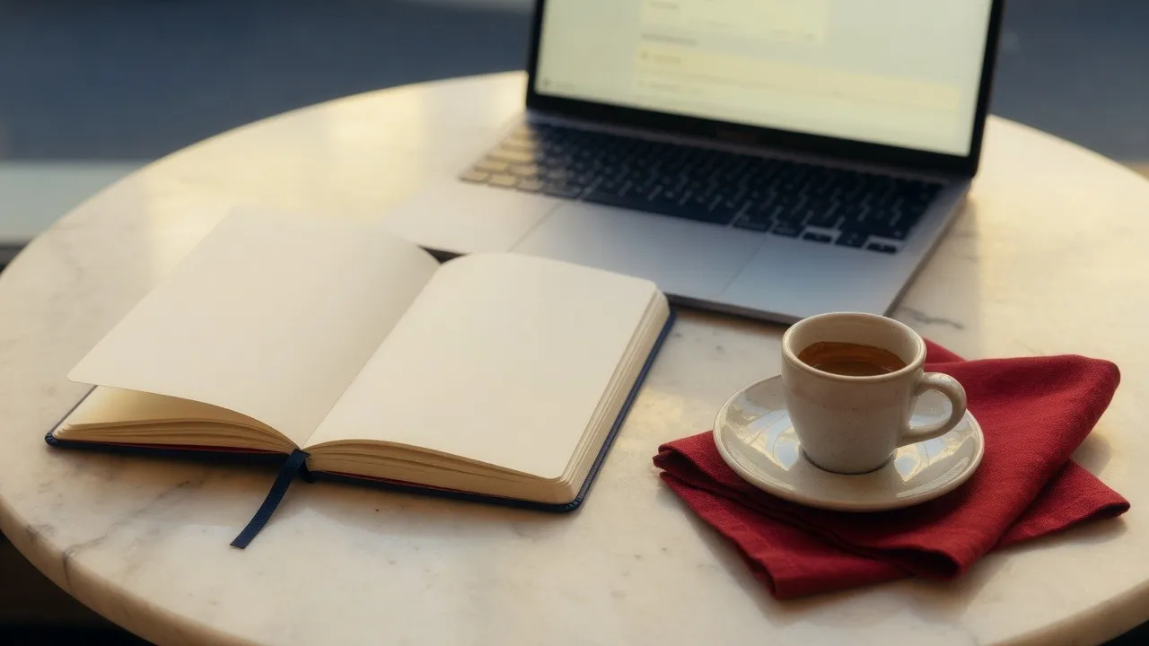 Open notebook, laptop and coffee on a round marble table