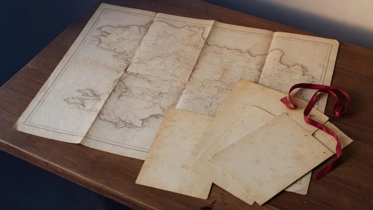 Old maps and papers tied with a red ribbon on a desk