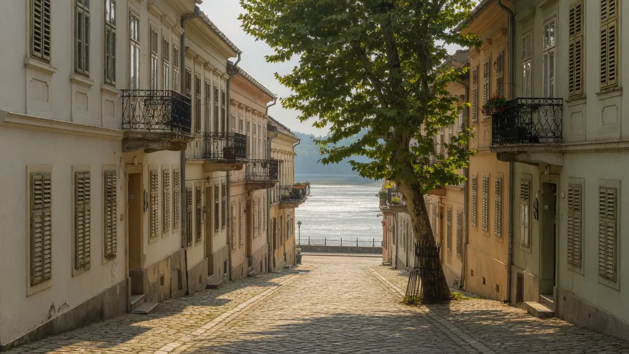 Old cobbled street lined with houses, leading down to the river