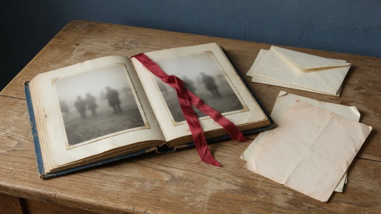 Old family photographs and handwritten records on a table