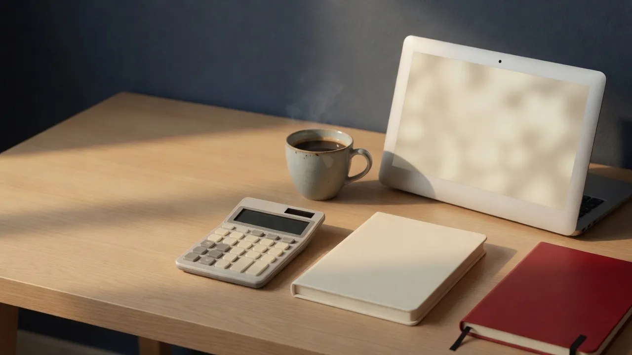 Calm workspace with a laptop, ledger and coffee