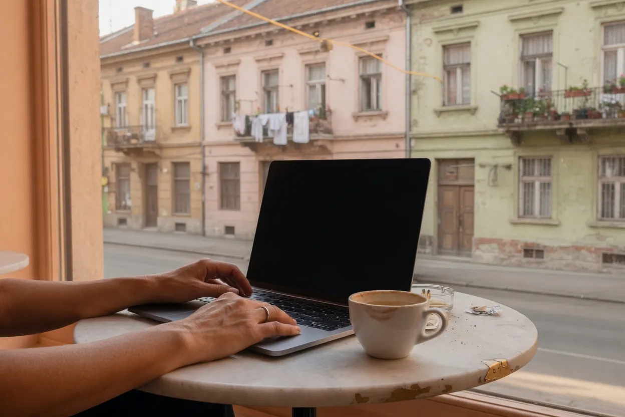 Hands typing on a laptop at a café window