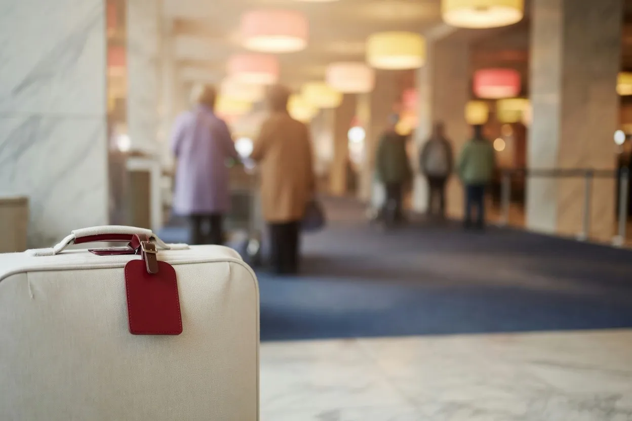 Suitcase with a red tag in a busy arrivals hall