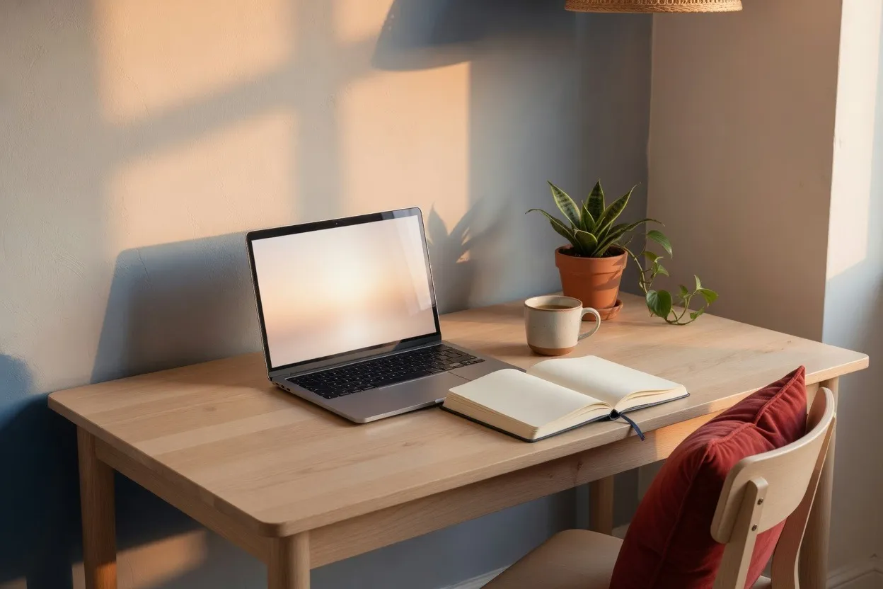 Laptop and open notebook on a wooden desk in warm light