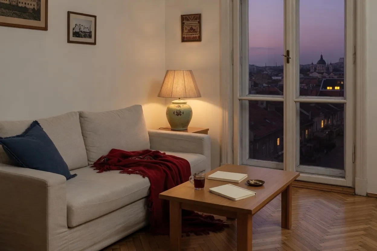 Cosy living room with a lamp and a city view at dusk